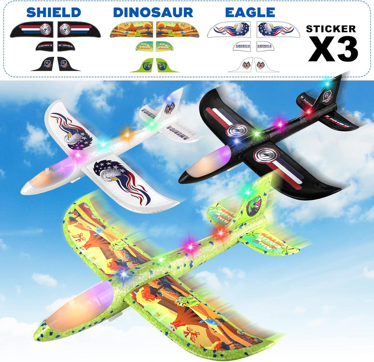 3 Pack Foam Airplane Launcher Toy 12.6" with 3 DIY Stickers - Black&white&green - image 3