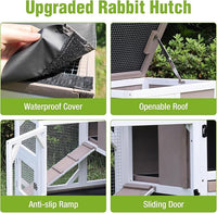 Wooden Rabbit Hutch with Two Story, Bunny Cage with Leak-Proof Trays, and Chew-Proof Ramp, Guinea Pig Cage with Wheels, Suitable for Indoor/Outdoor Use (Grey)