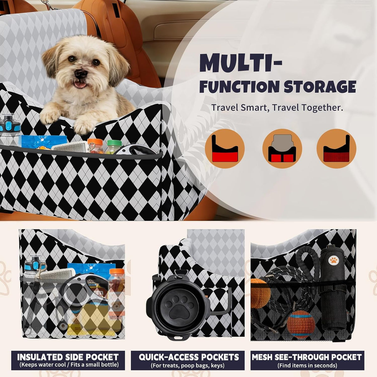 Dog Car Seat for Small/Medium Dogs up to 35lbs - Black/White / Medium - image 2