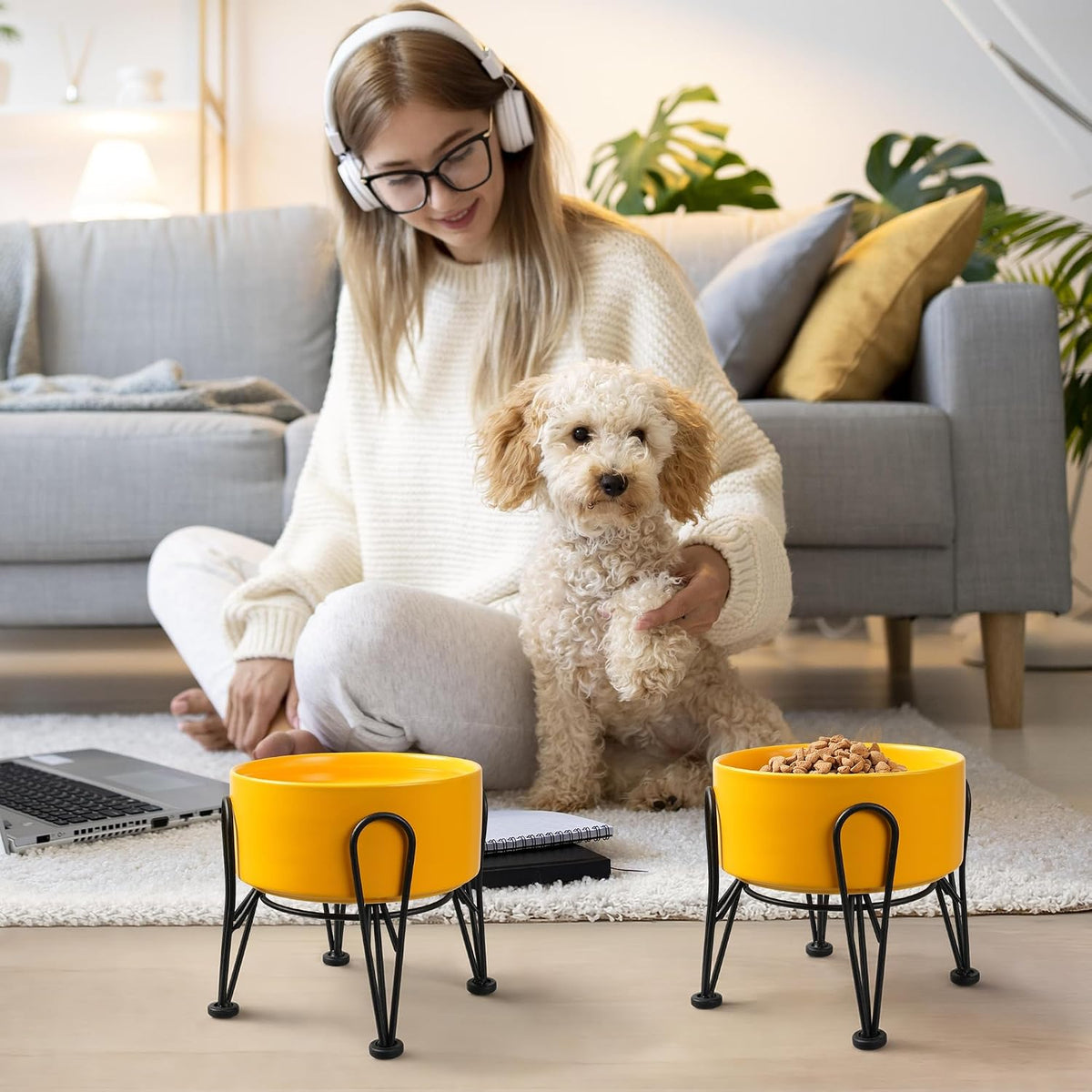 Elevated Dog Bowls, Ceramic Raised Dog Bowl Set with Anti-Slip and Non-Tip Metal Stand, 2 Pack Pet - Yellow / 3.6 Cups | 2 Pack | For Medium Dogs - image 4
