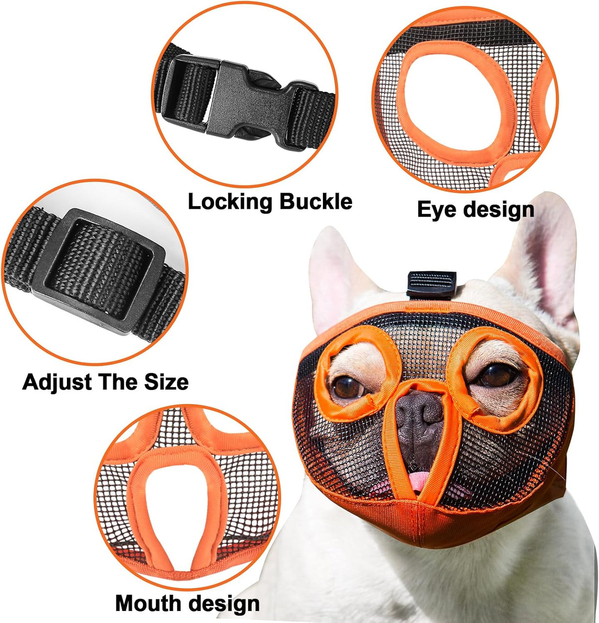 Short Snout Dog Muzzle - Adjustable Breathable Mesh Bulldog Muzzle for Biting Chewing Barking - Orange(Eyehole) / Large/15"-25" - image 3
