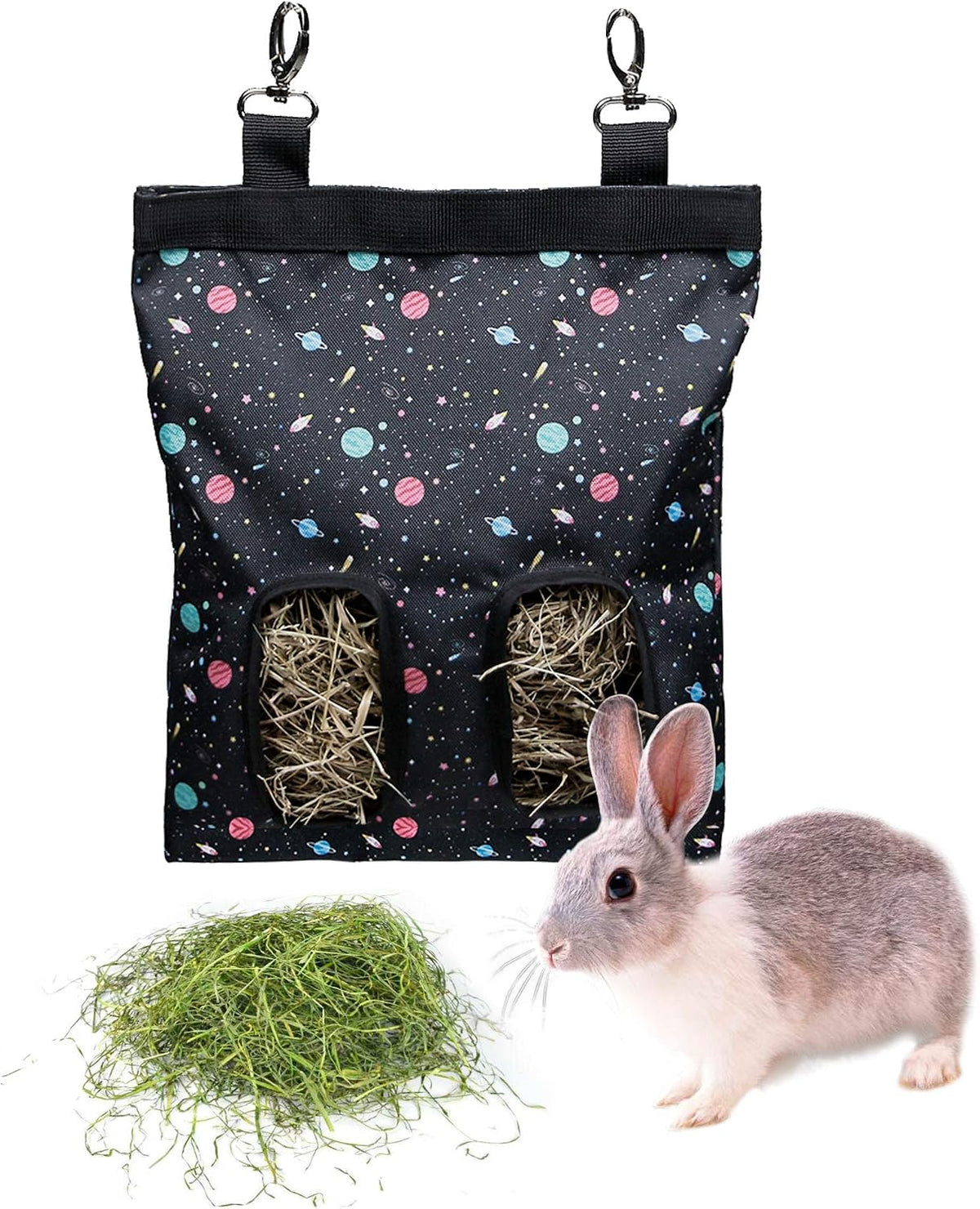 Rabbit Hay Feeder Bag Hanging Hay Rack – Essentials for Small Pets - 2 Windows / Pattern Black