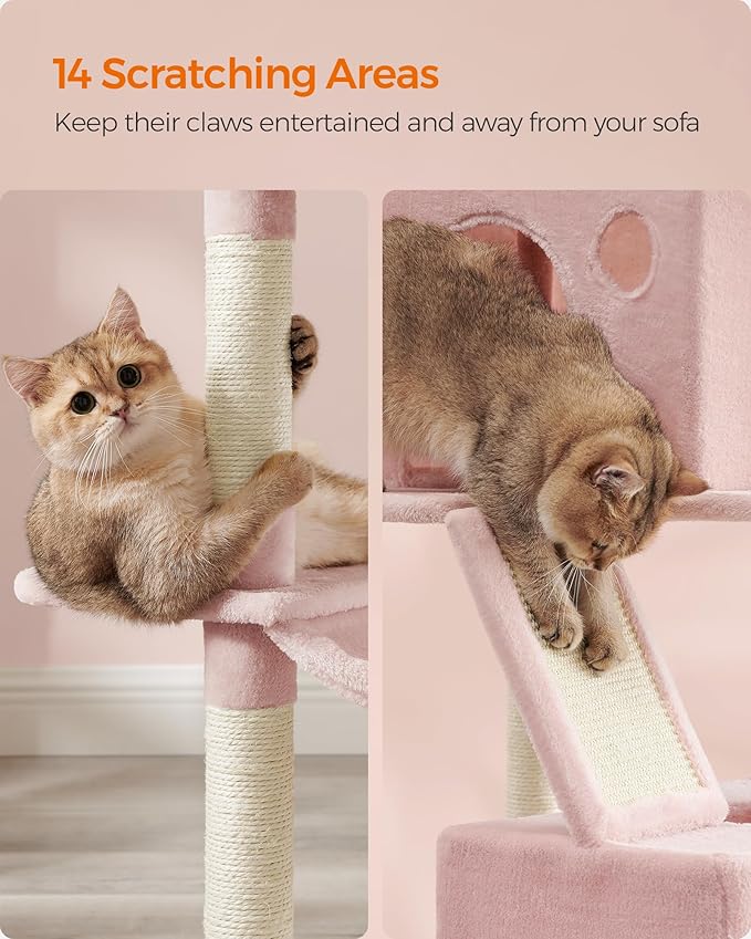 Feandrea Cat Tree, 81.1-Inch Large Cat Tower with 13 Scratching Posts, 2 Perches, 2 Caves, Basket, Hammock, Pompoms, Multi-Level Plush Cat Condo for Indoor Cats, Jelly Pink UPCT190P01
