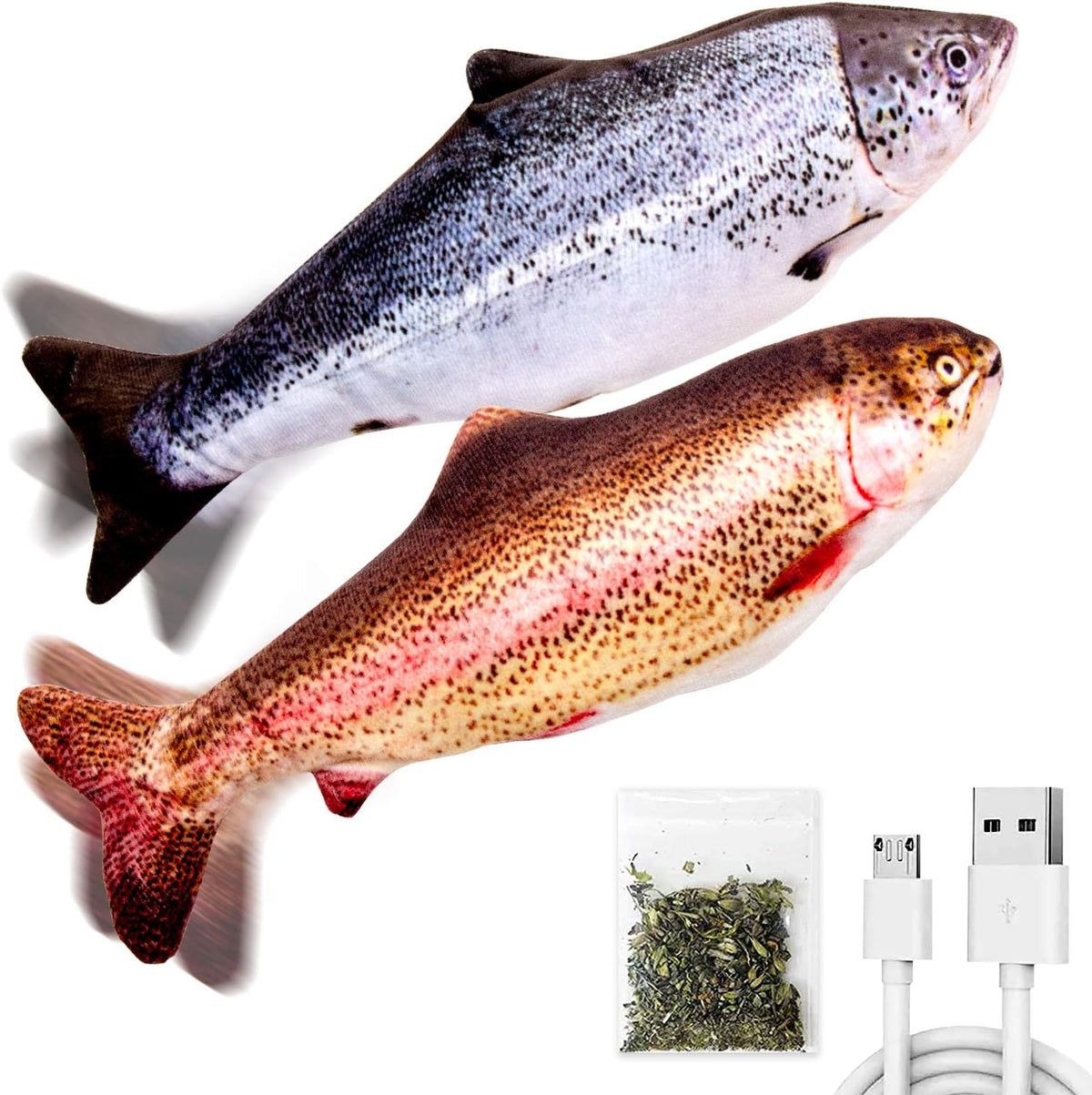 TOOGE 2 Pack 9" Floppy Fish Cat Toys with SilverVine and Catnip - Salmon + Rainbow Trout