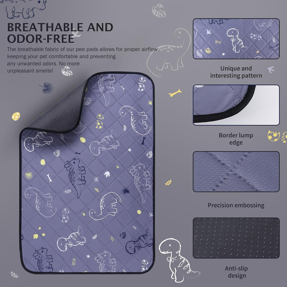 IEUUMLER Washable Pee Pads for Dogs - Gray Dinosaur / 31"X36"-2pcs - image 2