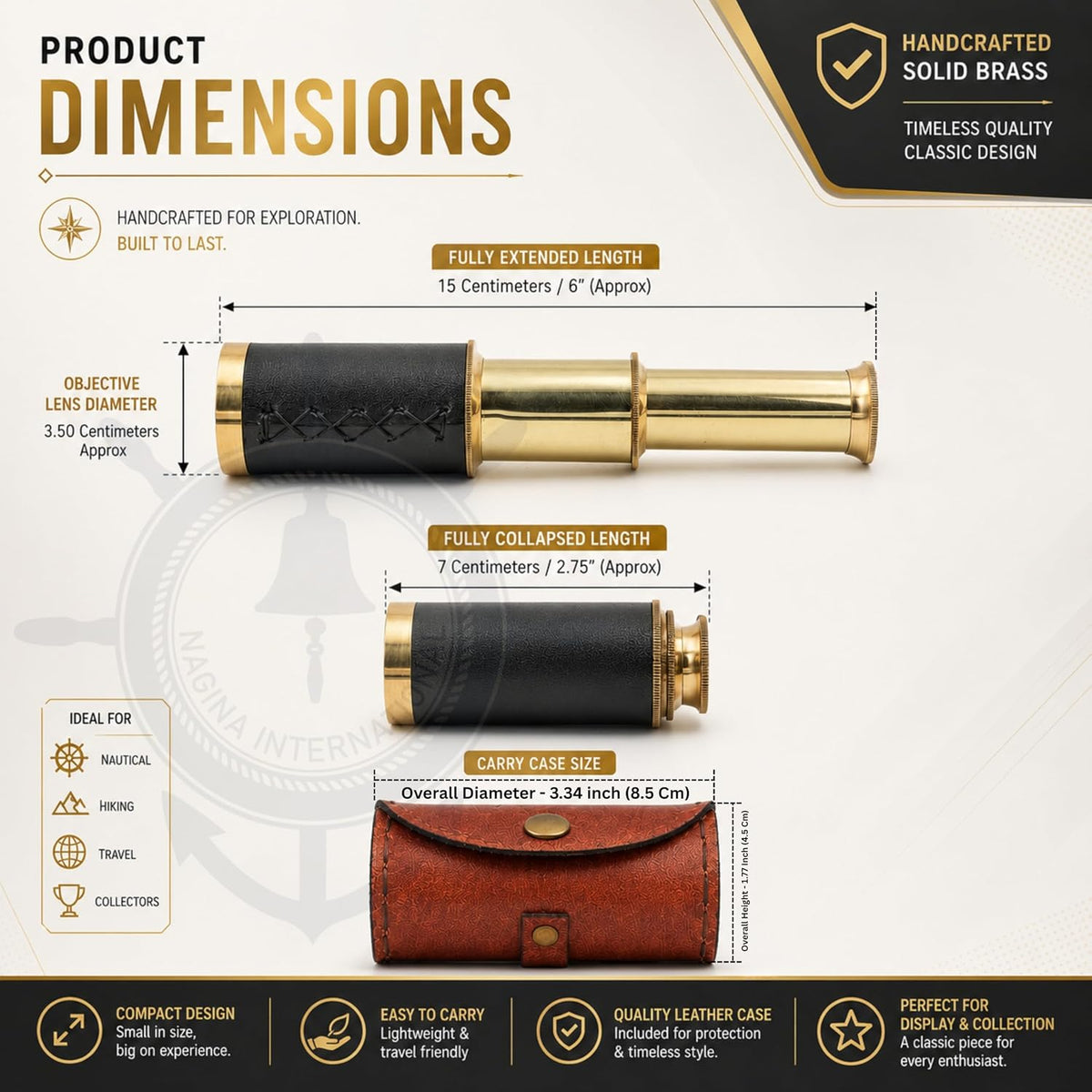 Nagina International 6 inch handcrafted solid brass spyglass telescope with brown synthetic leather  - view 2