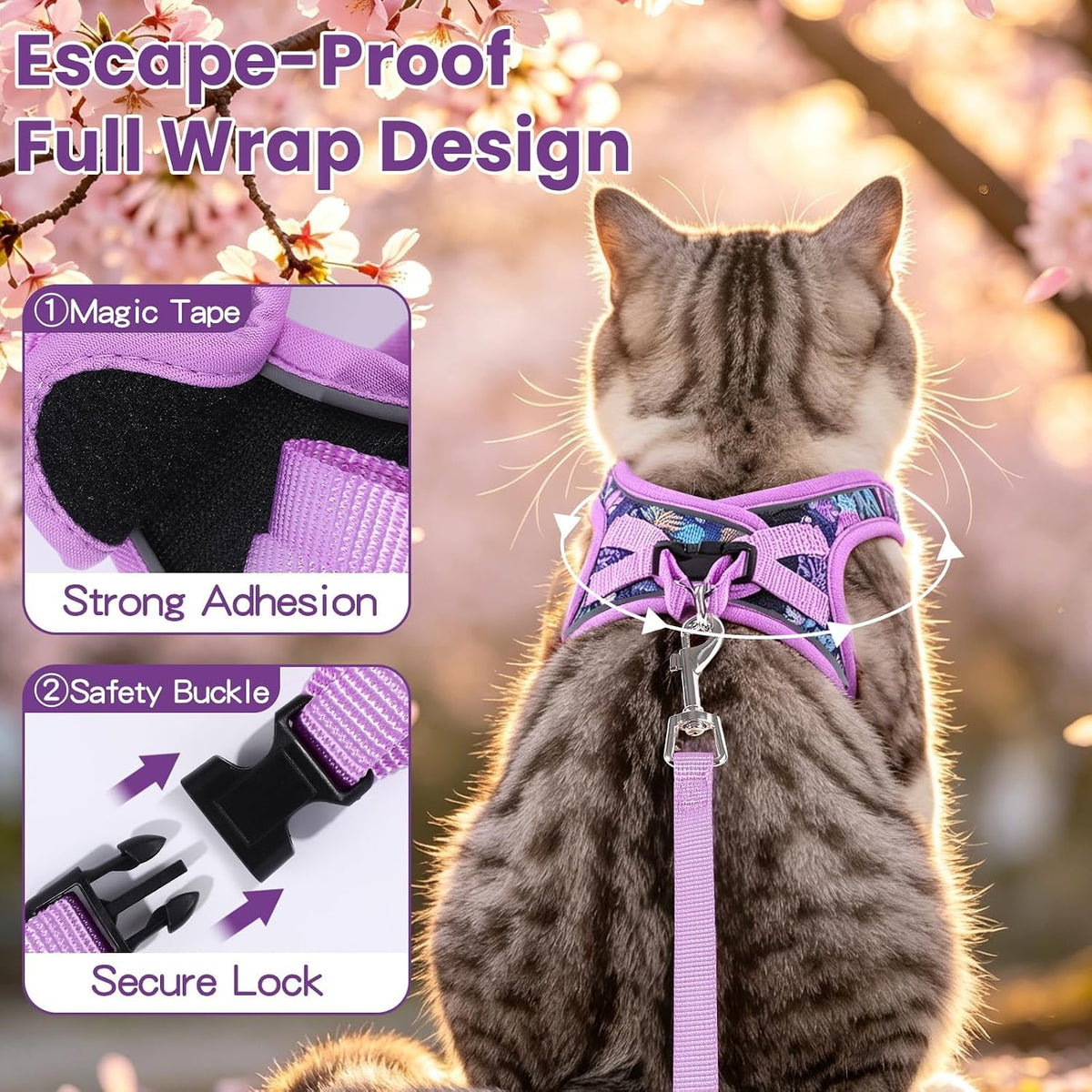 Cat Harness and Leash Set, Escape Proof Soft Vest Walk Pink XS – Essentials for Cats - Purple / Small - image 3
