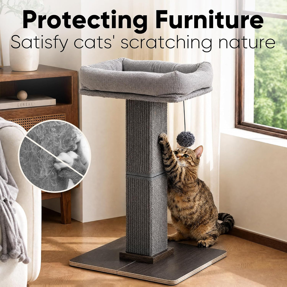 FUKUMARU Retro-Style Cat Scratching Post with Perch for Indoor Adult - Grey - image 4
