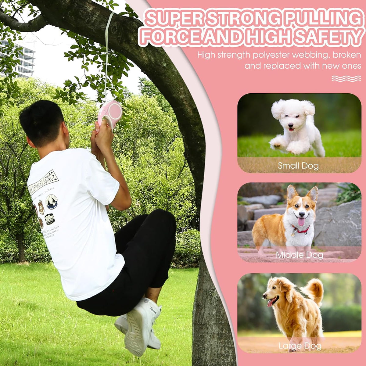 Upgraded 16 Ft Retractable Dog Leash with Chew Proof Cable, Pink - image 2