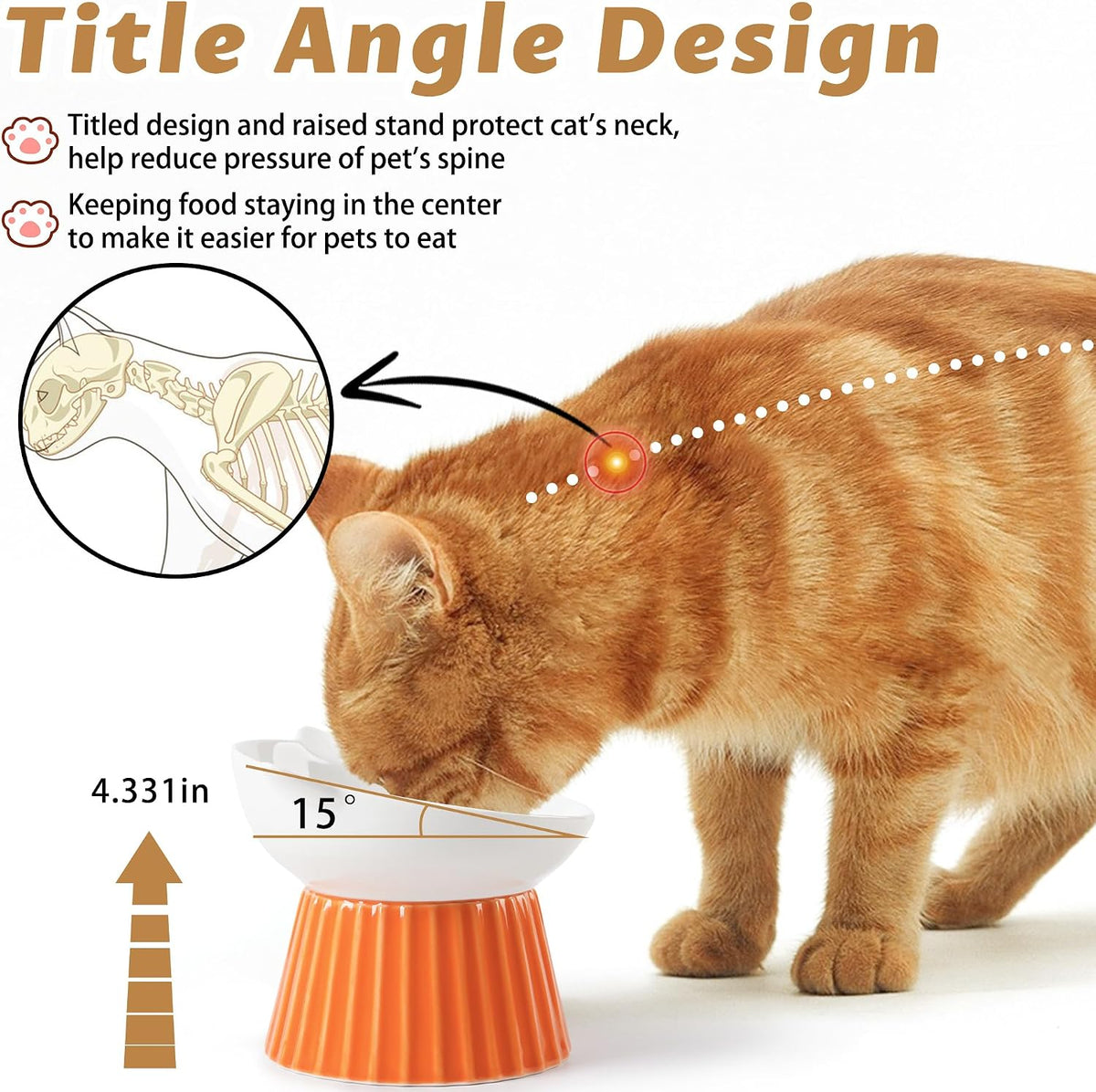 Ceramic Raised Cat Bowl，Tilted Raised Cat Bowl Anti Vomit Cat Bowls - Orange - image 3