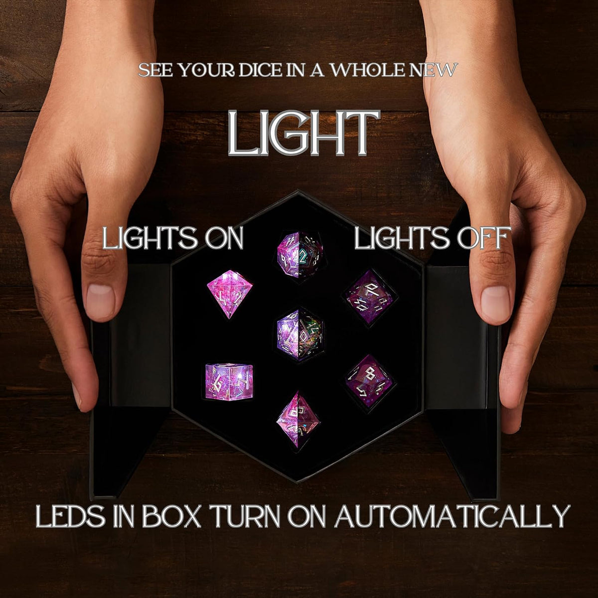 HEIMDALLR liquid core DND dice set in Fenrir's Shadow with glowing LED display box - view 32