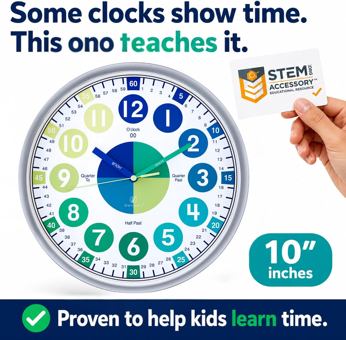 OWLCONIC Kids Teaching Clock, Learning Clock, Silent 10in - Blue Green - image 2