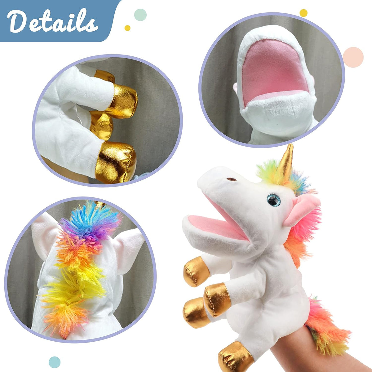Hopearl white plush unicorn hand puppet with open movable mouth, 12 inches - view 30