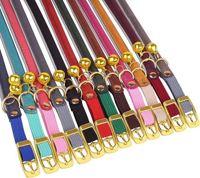 OOPSDOGGY Rolled Leather Cat Collar with Bell - Reflective Kitten Collar with Safety Elastic Strap - Adjustable Small Pet Collars for Boy Girl Cats (Denim)