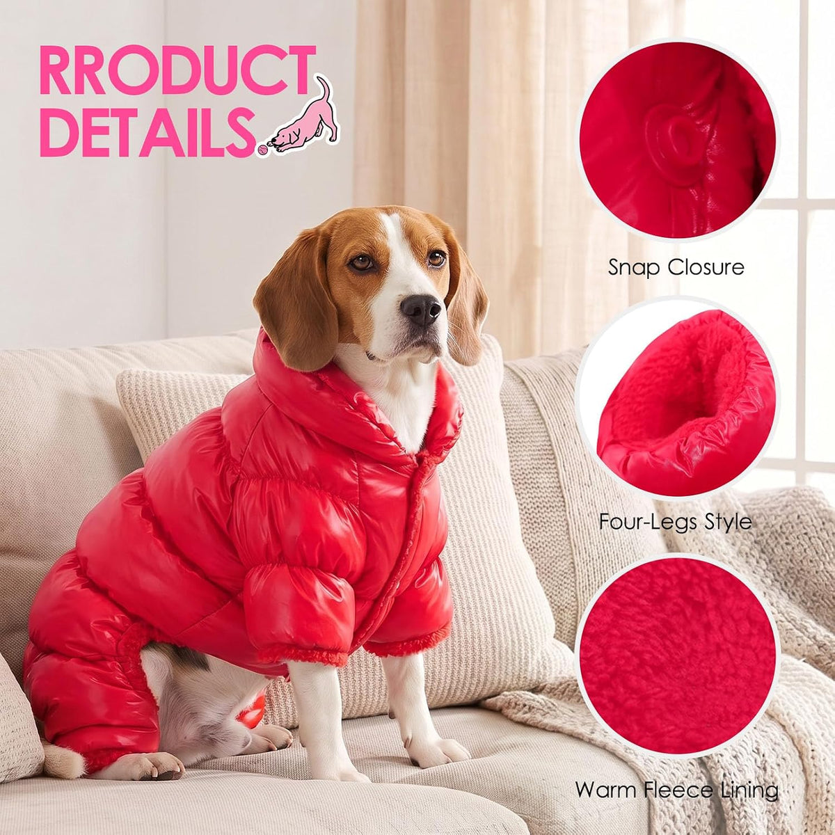 Dog Coat Waterproof Dog Jacket Fullbody Dogs Winter Coat Snowsuit – Essentials for Dogs - Red / X-Large - image 4