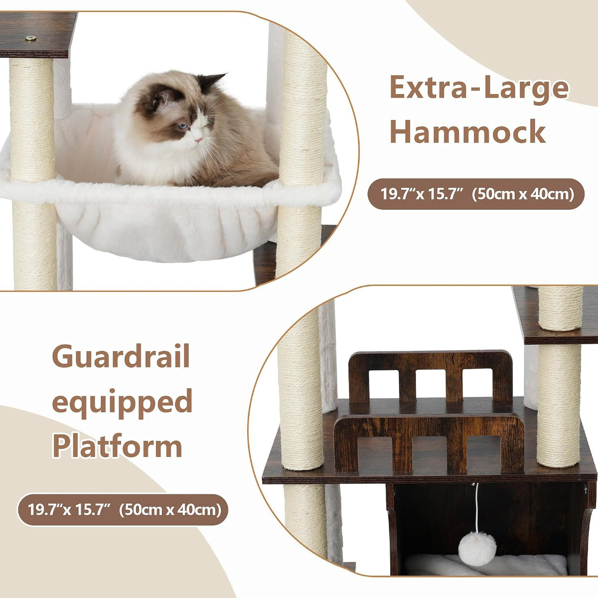 Modern Cat Tree, 76'' Tall Cat Tower, 3 Big Platform GCT103WB - Rustic Brown / 70.9 inches - image 4