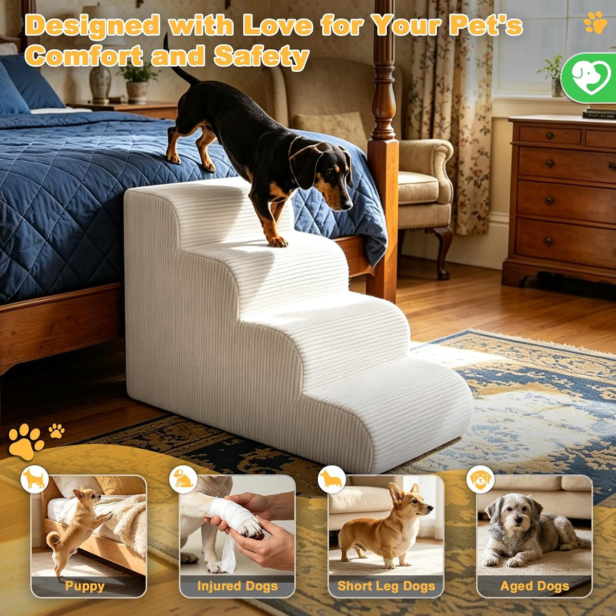 Dog Stairs for Bed & Couch, 18" H 4-Step Pet Ramp for Small Dogs - Beige / 4 / Standard 18" Height - image 3