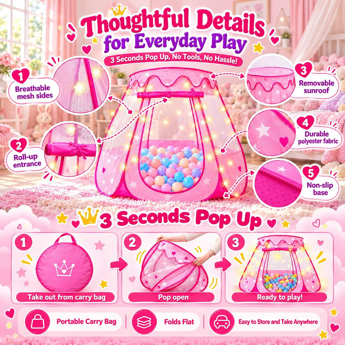 DISHIO Ball Pits with 50 Balls - Pink-with Rainbow Rug - image 3