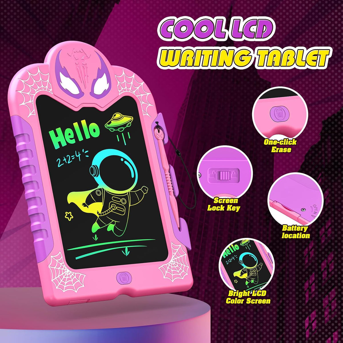LCD Writing Tablet for Kids: Spidolapse Colorful Doodle Board - Red & Pink / 2 PACK - image 3