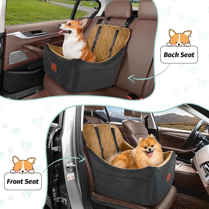 Dog Booster Car Seat for Up to 35lbs Pets,Easy to Install,Fully Detachable and Washable,Anti-Slip Base,Snug Puppy Car Seat with 2 Clip-On Leashes(Black/Coffee,Medium)