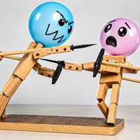 Akargol handmade wooden fencing puppets with swords, shields and balloons for a 2 player duel