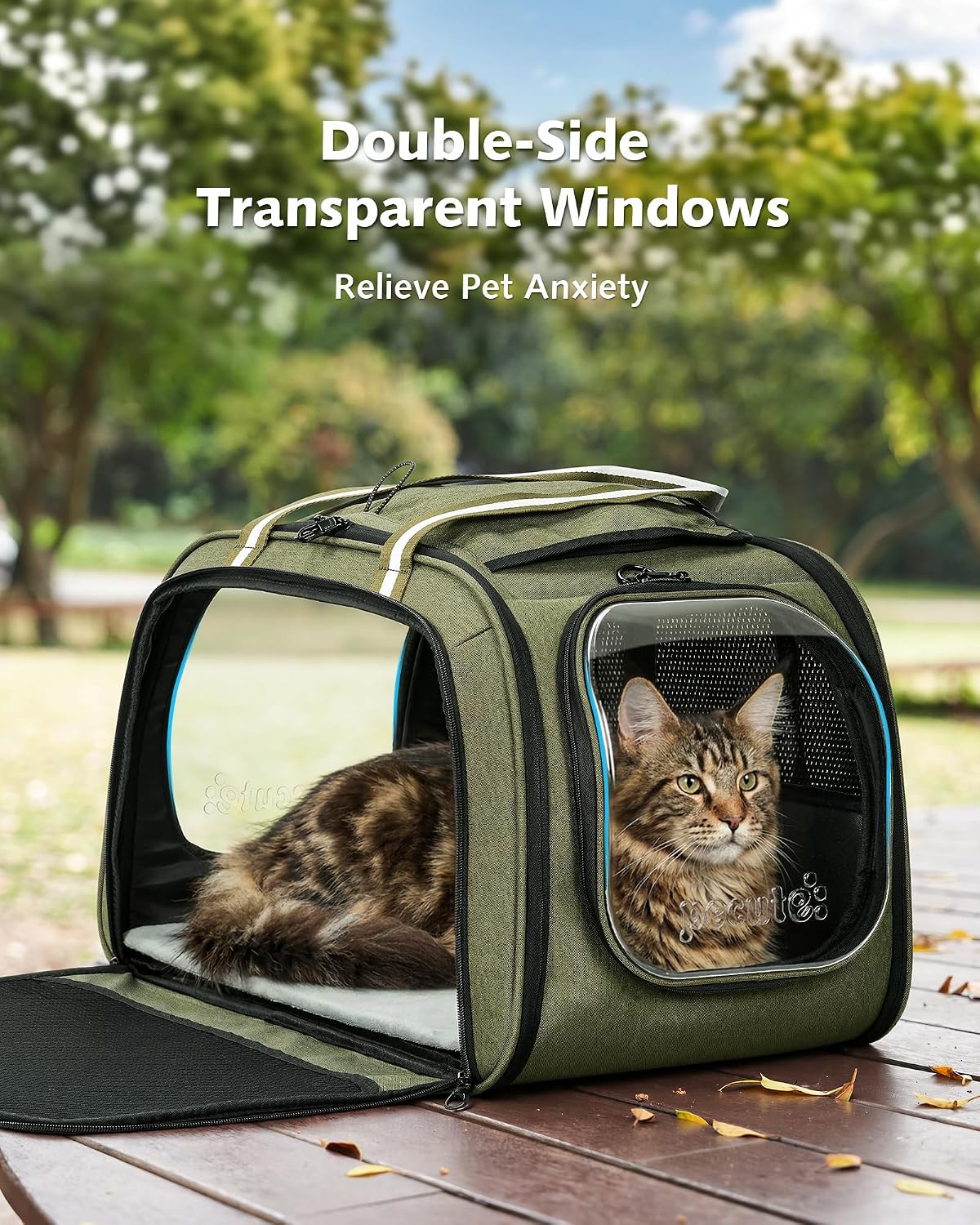 Pecute Cat Carrier, Double Bubble Pet Carrier for Cat Small Dogs - 21.5"L x 14"W x 15"H / Dark Green - image 3