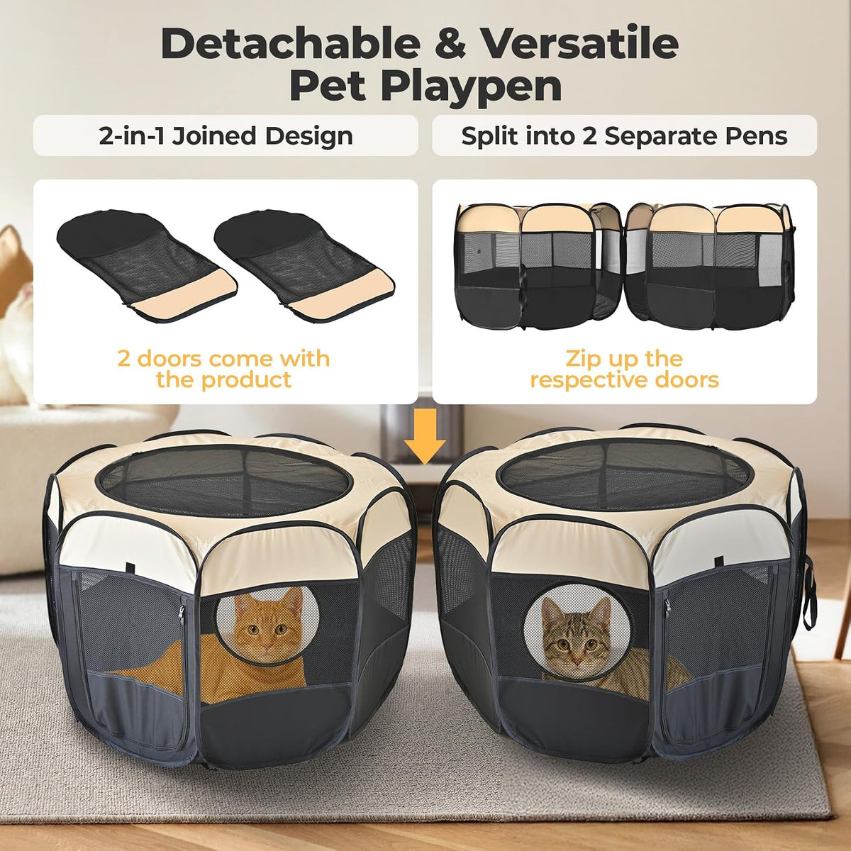 2-in-1 XLarge Cat Playpen - Beige / Round / L, 83.5"L x 41.4"W x 32.3"H - image 2