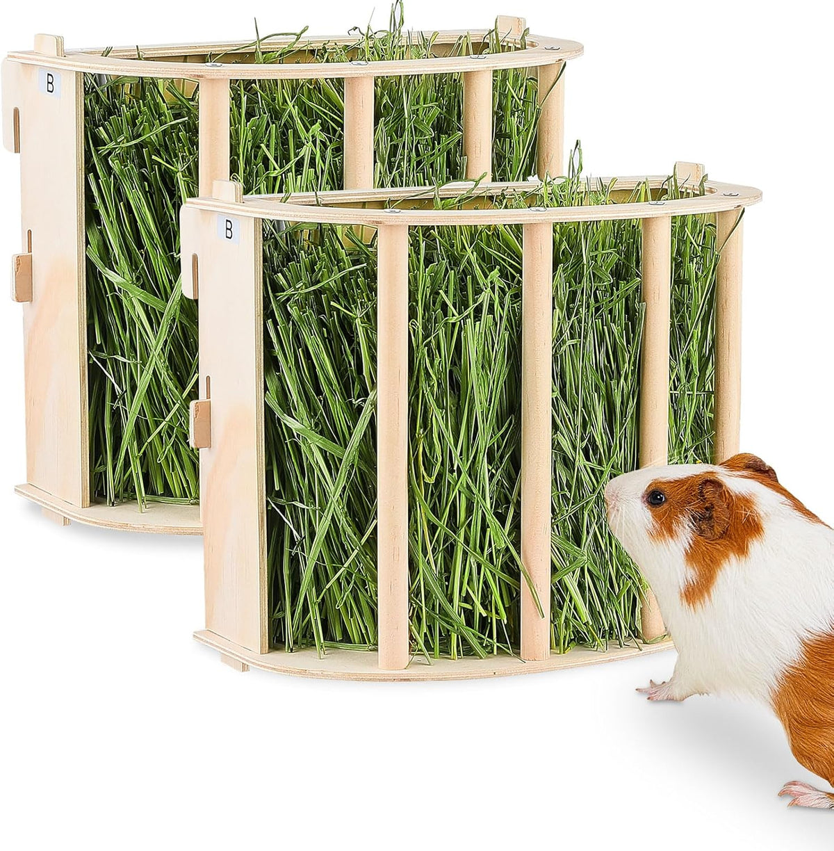 Wooden Guinea Pig Hay Feeder, Large Hanging Rabbit Rack – Essentials for Small Pets - 2 PACK / Wood color