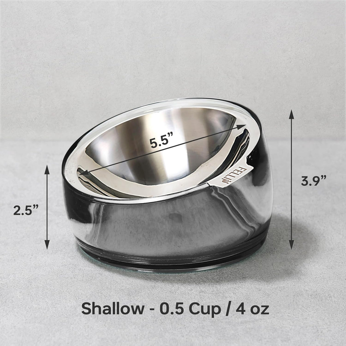 Felli Pet Oblik Acrylic Raised Dog Food Water Bowl Stainless Steel - Smoky / 0.5 Cups Shallow Dish - image 3