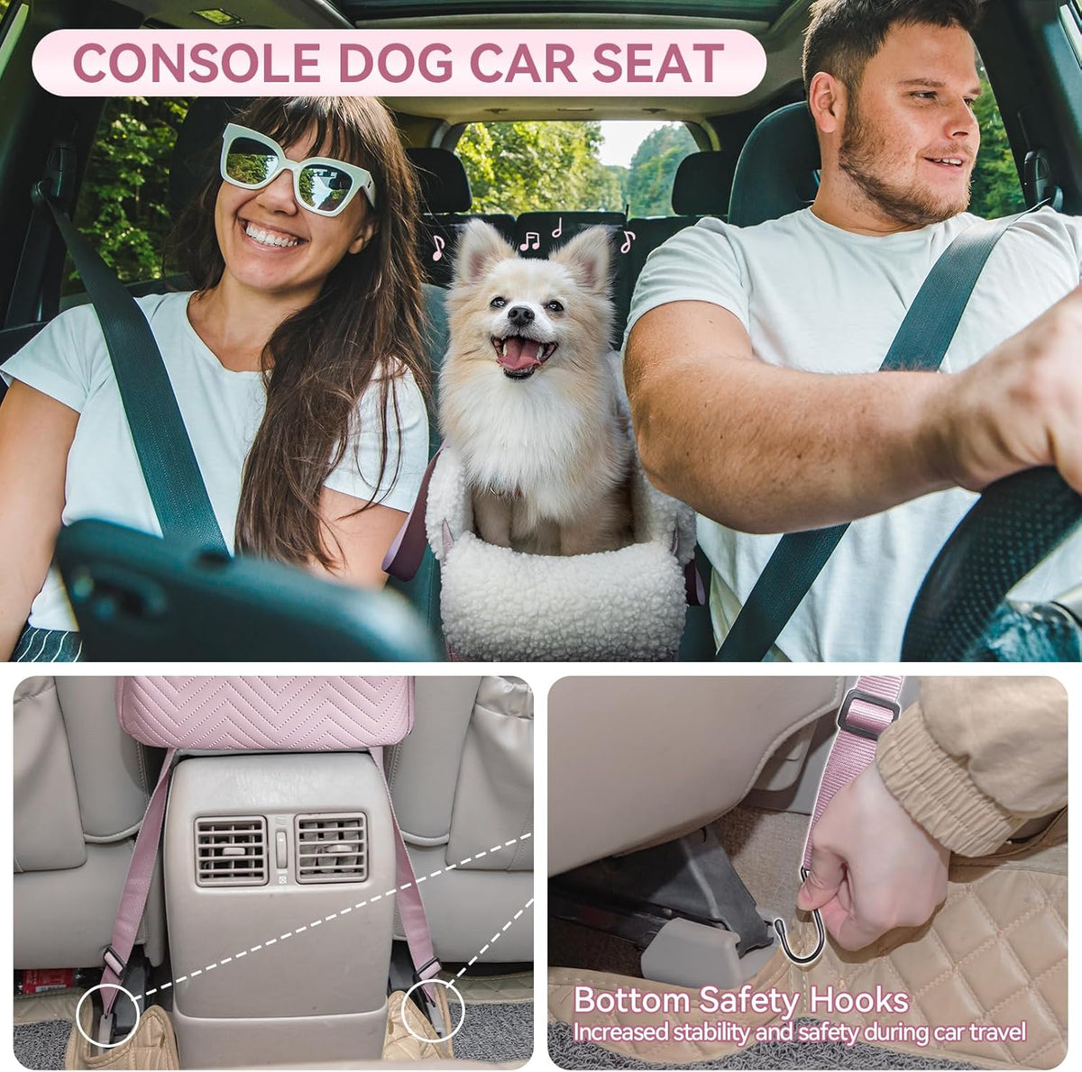 PETSFIT Cat Car Seat, Portable Console Dog Car Seat with Safe Protective Hooks, Luxury Pet Car Seat - Pink / Small - image 2