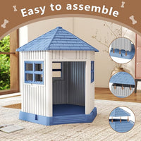 DRATO Dog House Indoor Outdoor Durable Large Dog Shelter with Outside Dog Kennel with Window and Elevated Floor for Small Medium Dogs (Blue, 34.8 * 30.51 * 36.89)