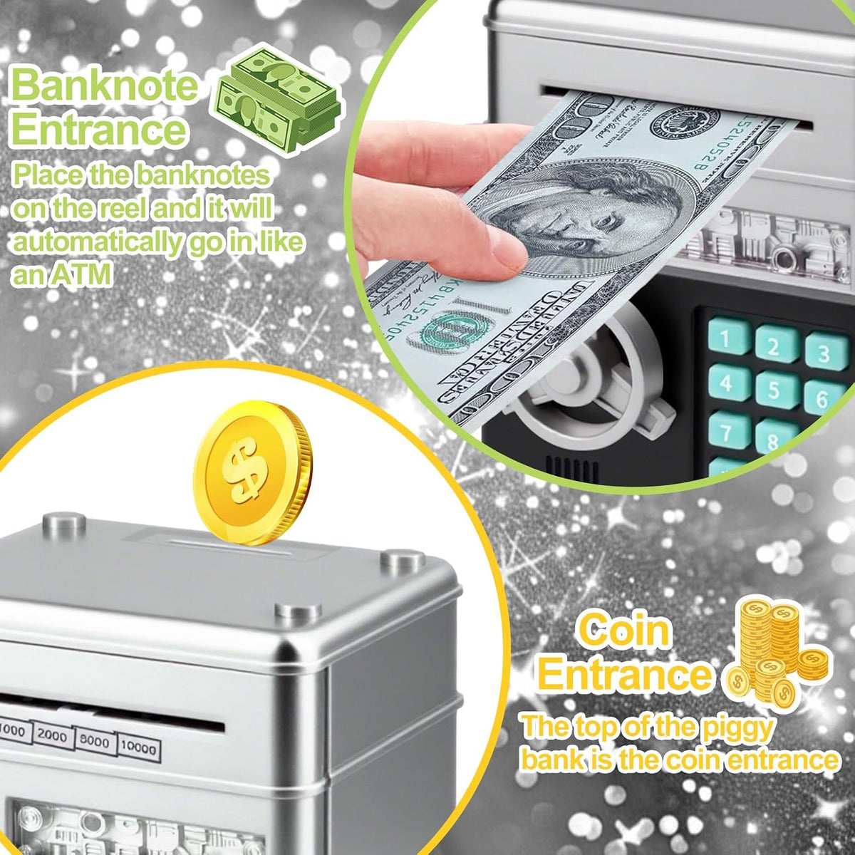 Piggy Bank for Kids Girls Boys with Password Code Lock Cash Coin Can - Silver - image 2