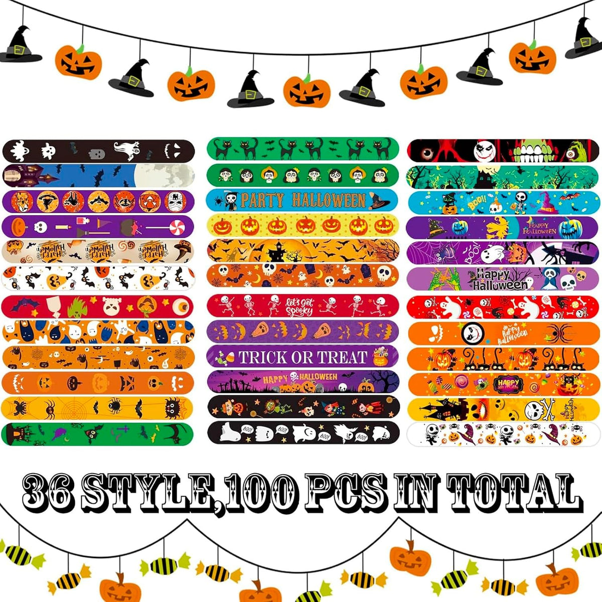 SUNPROUND Halloween slap bracelets with pumpkin, ghost, bat and witch prints - view 10