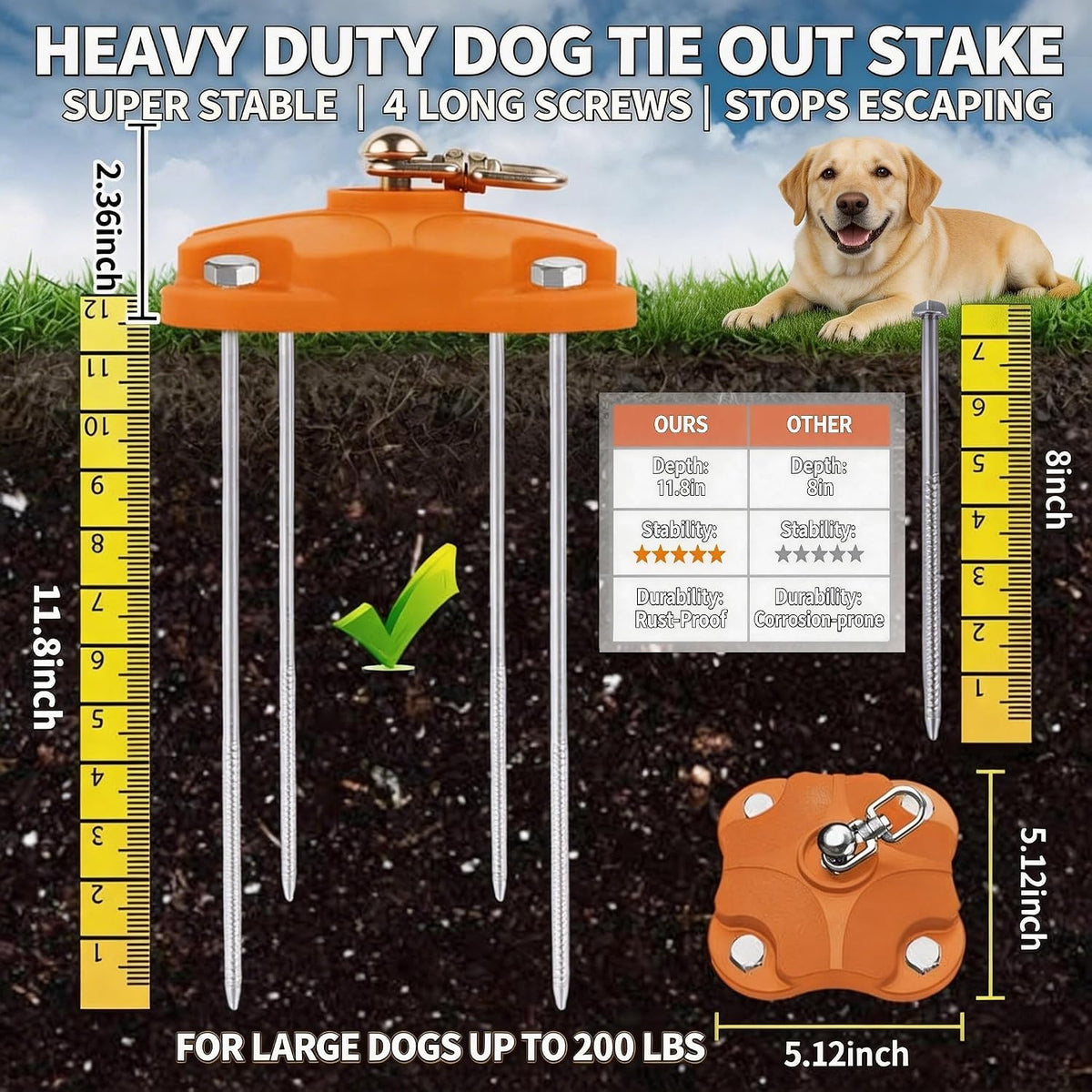 Heavy Duty Dog Tie Out Stake for Outside - Dog Stake + 20ft Cable/200lbs - image 2