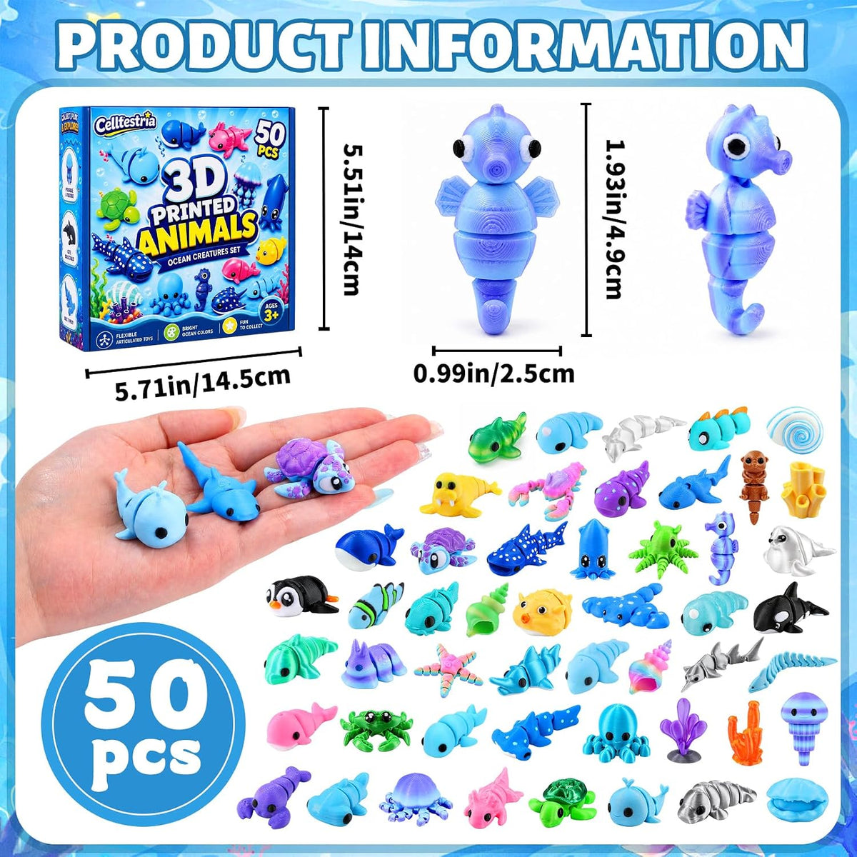Celltestria 18PCS 3D Printed Skeleton Fidget Toys with Coffin Storage - 50Pcs 3D Ocean Animals - image 3