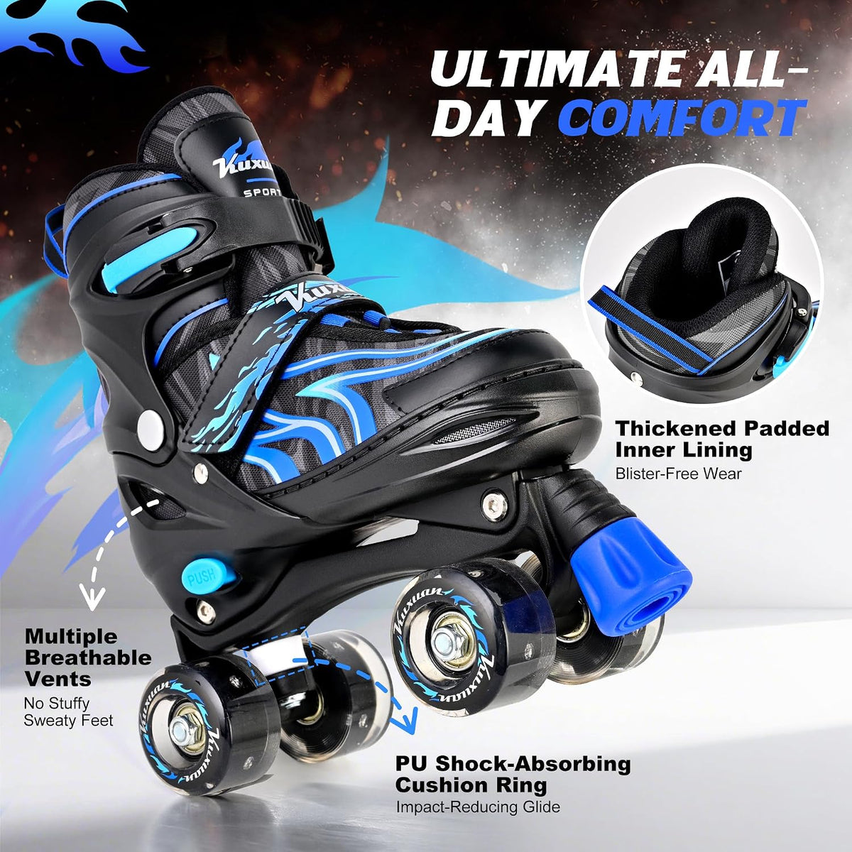Kuxuan Adjustable Roller Skates with Fun Illuminating Rollerskate - Flame Blue / Large - Youth(4-7US) - image 4
