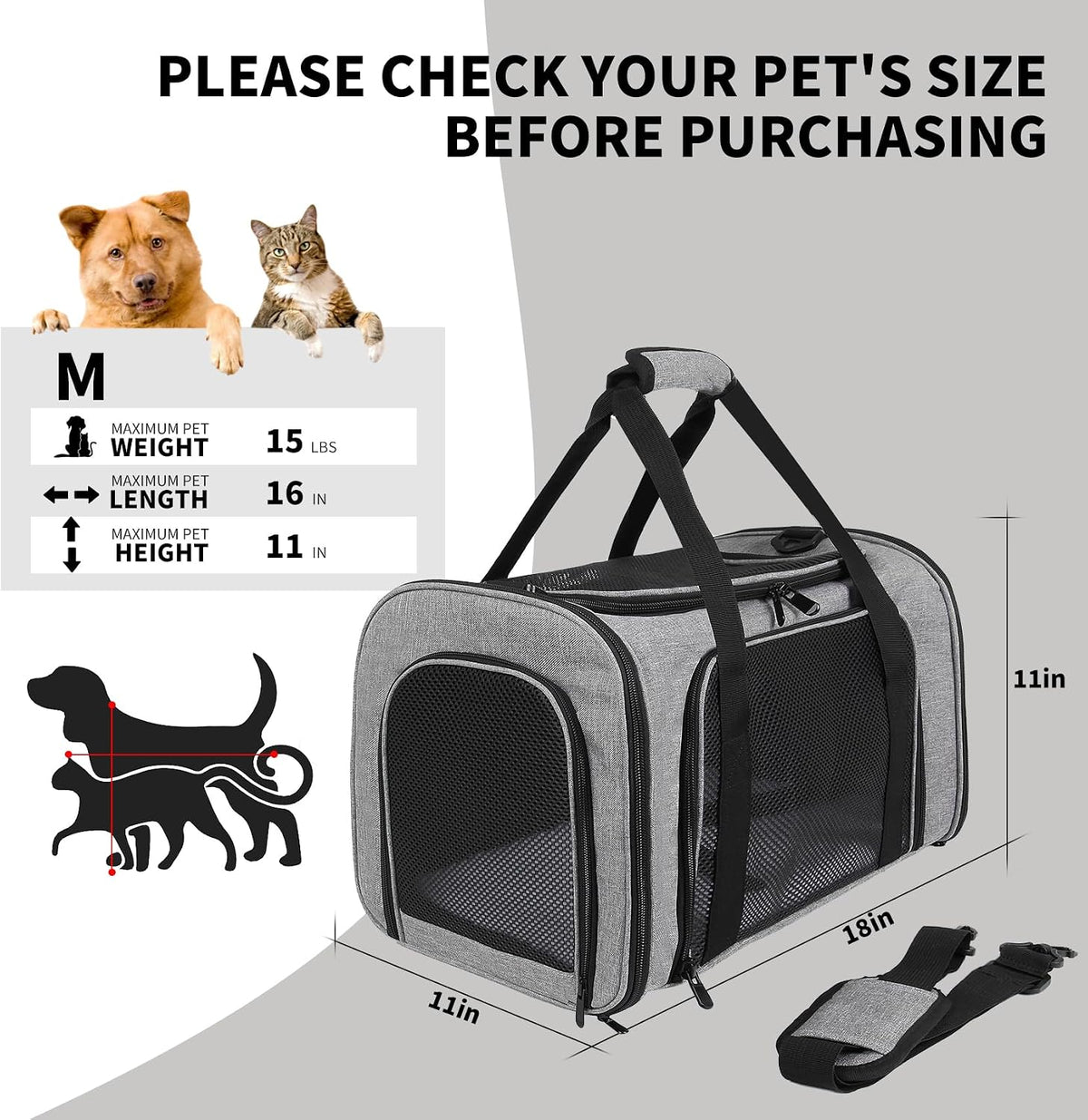 Cat Dog Carriers Soft-Sided - 17.0"L x 11.0"W x 11.0"H / grey&black - image 4