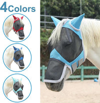 Horse Fly Mask with Ears & Long Nose Cover | Forelock Opening for Tangle-Free Mane Care | UV Protection & Breathable Mesh | No Rub Fit and Enhanced Visbility for Trail Riding Paleblue Full