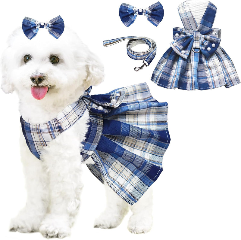 Dog Dress Bowknot Harness Leash Set for Small Dogs Girl Cute Plaid - Blue / X-Large