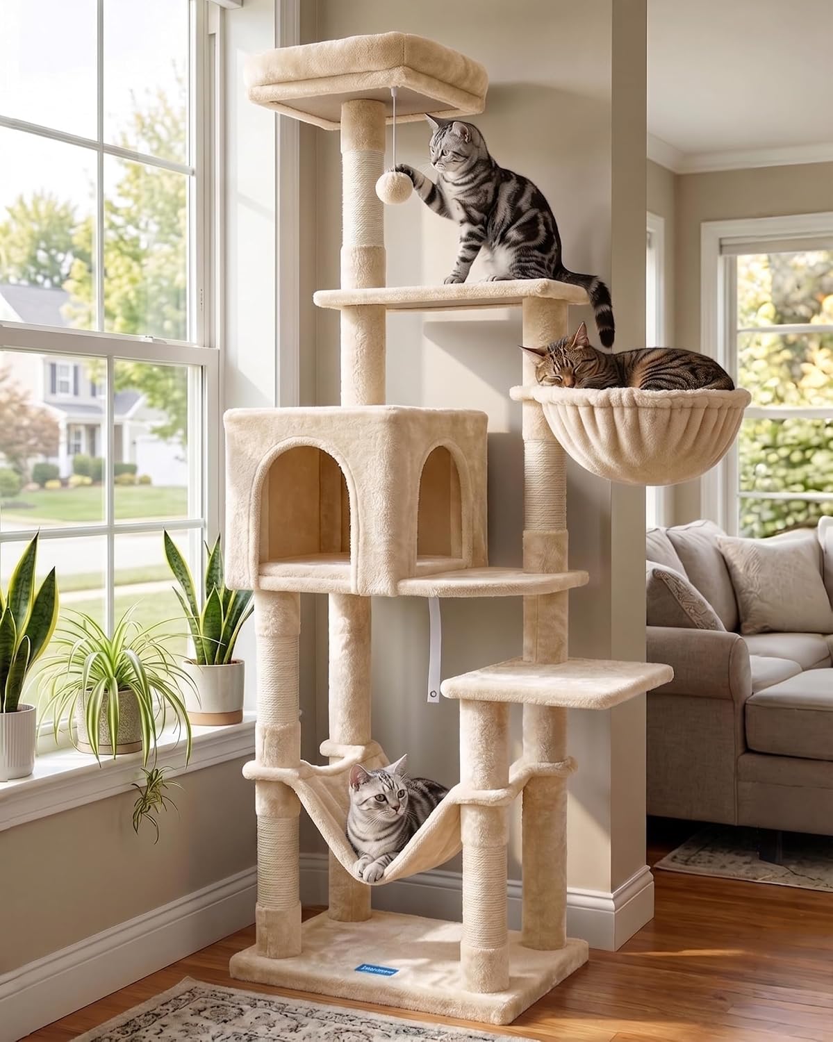 Hey-brother Cat Tree, Multi-Level Sisal Covered Scratching Posts - Beige / 60.6 Inches