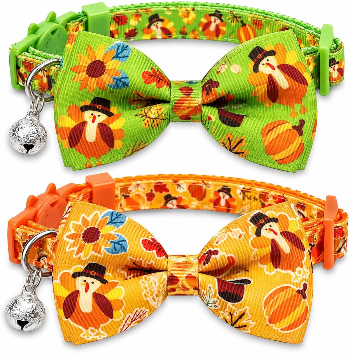 2 Pack Halloween Cat Collars with Bells, Breakaway - Thanksgiving Turkey