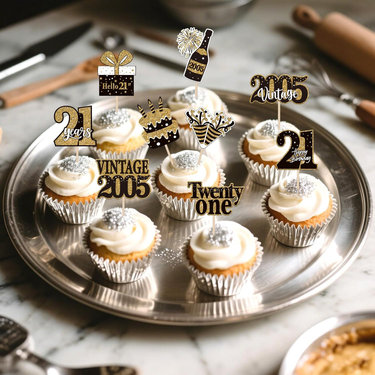 36PCS Happy 80th Birthday Cupcake Toppers Double Sided Black Gold - Vintage / 21st - image 4