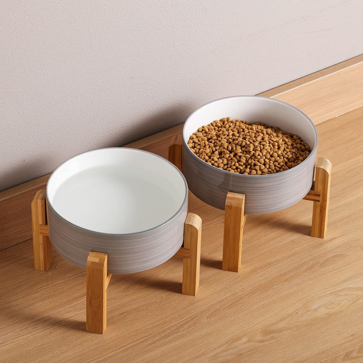 Black Elevated/Raised Dog Bowl Ceramic with Wood Stand for Medium - Grey White / 8 Inch - image 4