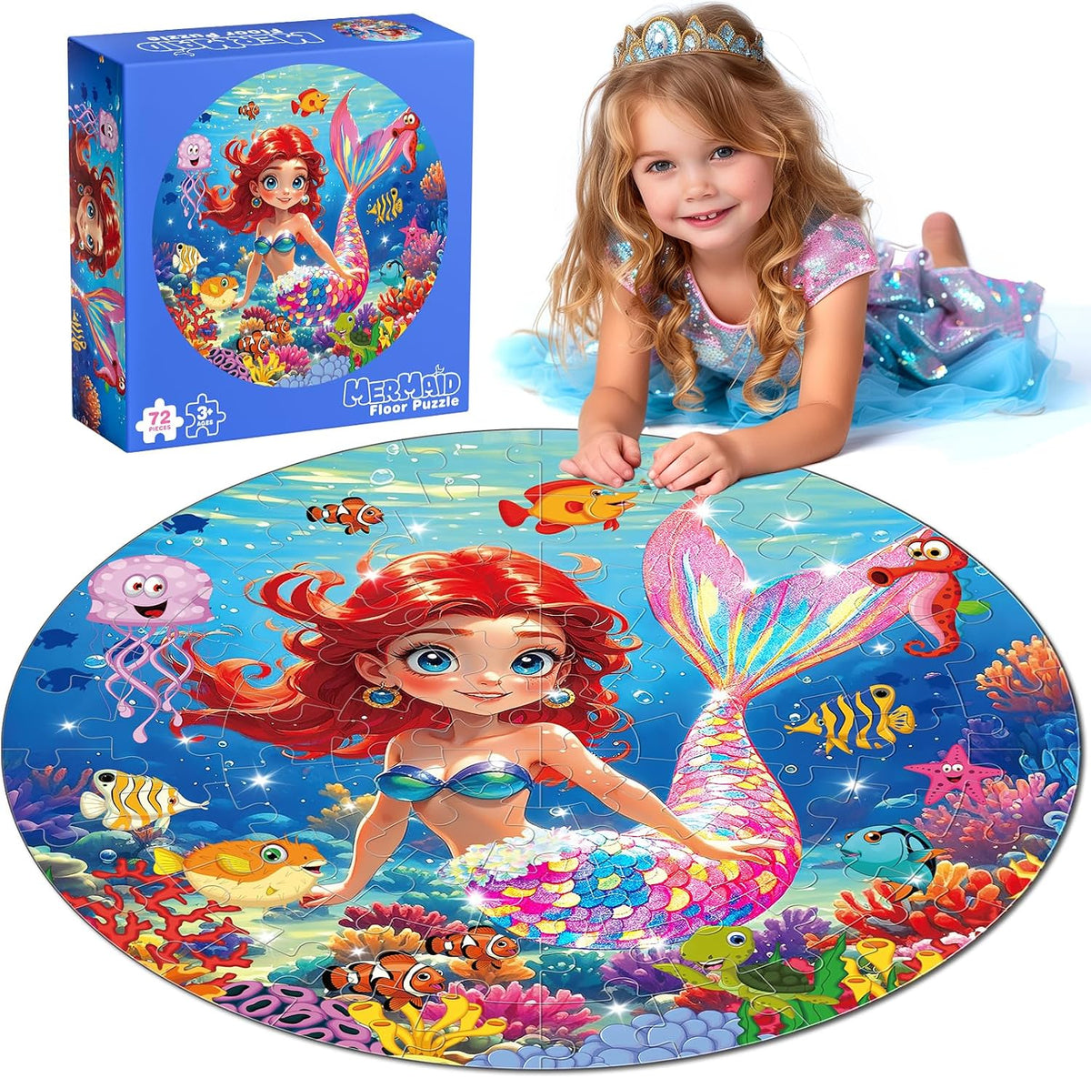 Rifamee 72 piece shimmery round Christmas floor puzzle with Santa delivering gifts - view 3