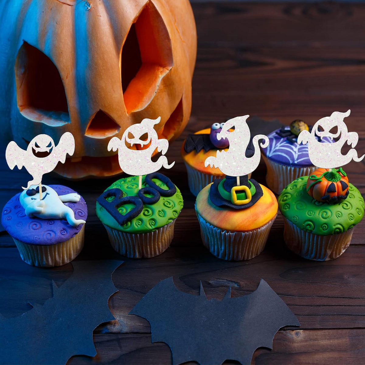 Ephlyn 24 white glitter ghost cupcake toppers for Halloween desserts - view 25