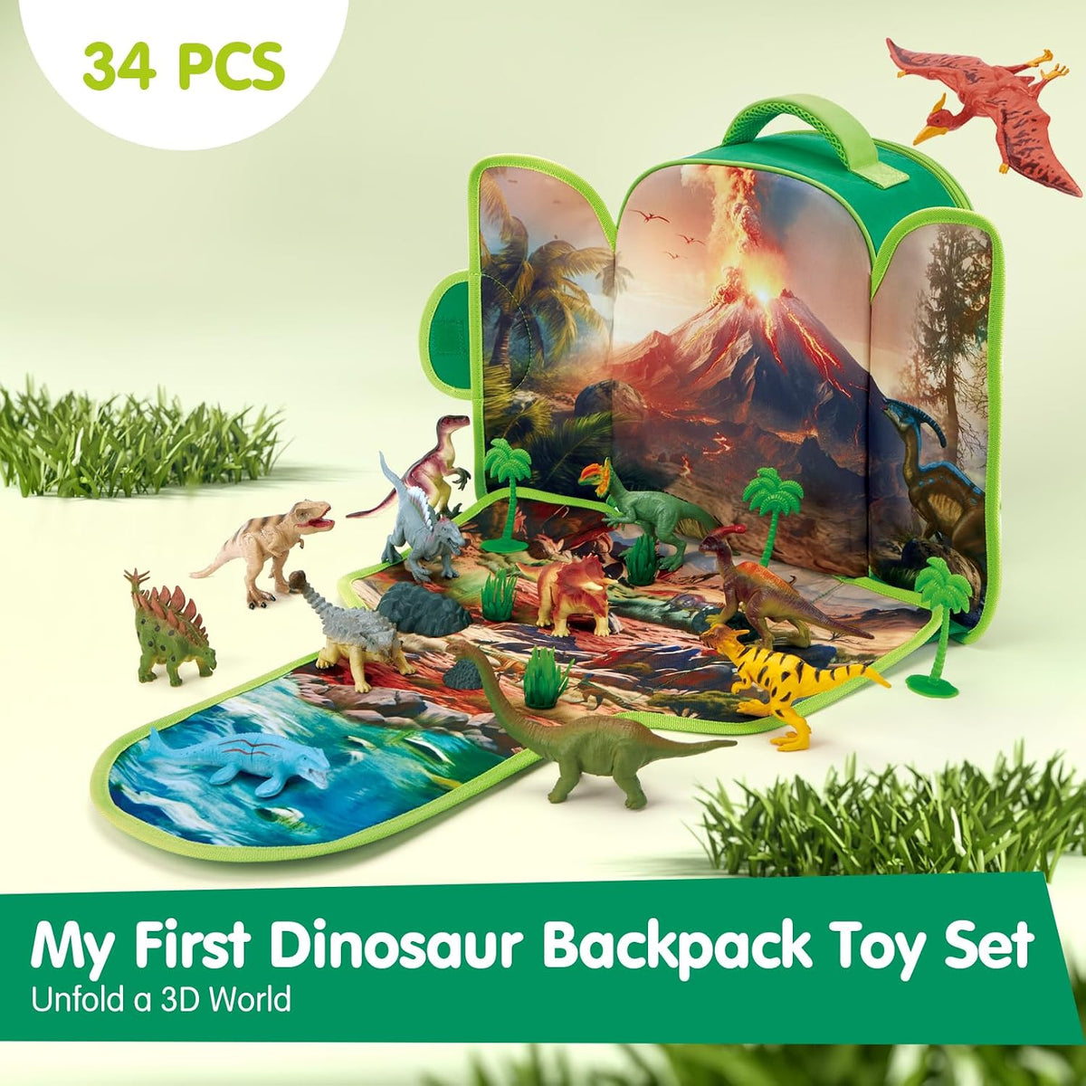 COCO&Friends dinosaur backpack playset unfolded into a 3D play mat with 12 dinosaurs - view 2