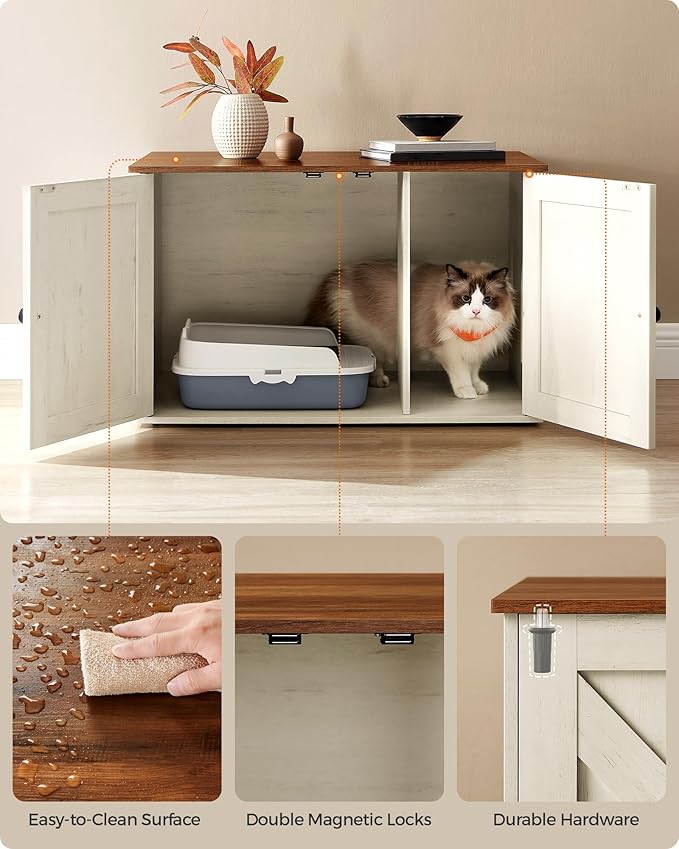 Feandrea Cat Litter Box Enclosure, Litter Box Furniture Hidden with Removable Divider, Indoor Cat House, End Table, 31.5 x 20.9 x 19.7 Inches, Honey Brown and Rustic White UPCL002P01