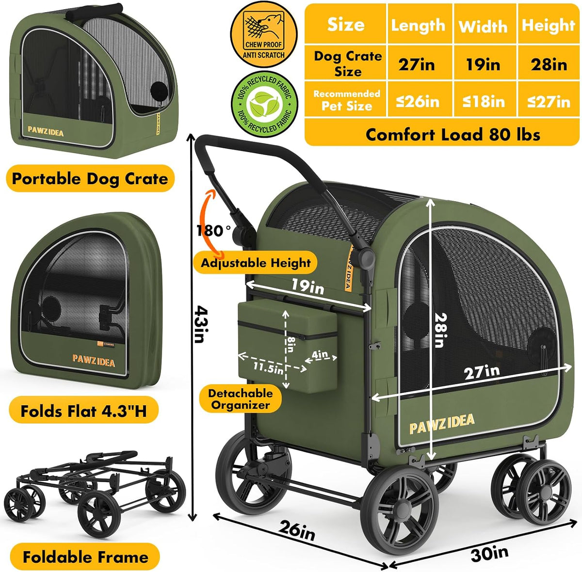 PAWZIDEA 3-in-1 Large Dog Stroller with Detachable Carrier - Forest Green - image 2