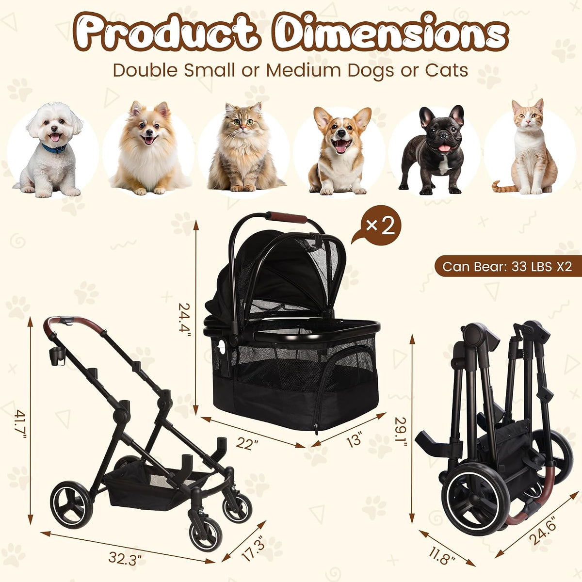 Foldable Double Pet Stroller for 2 Small Medium Cats Dogs – Essentials for Cats - Black / Double - image 3