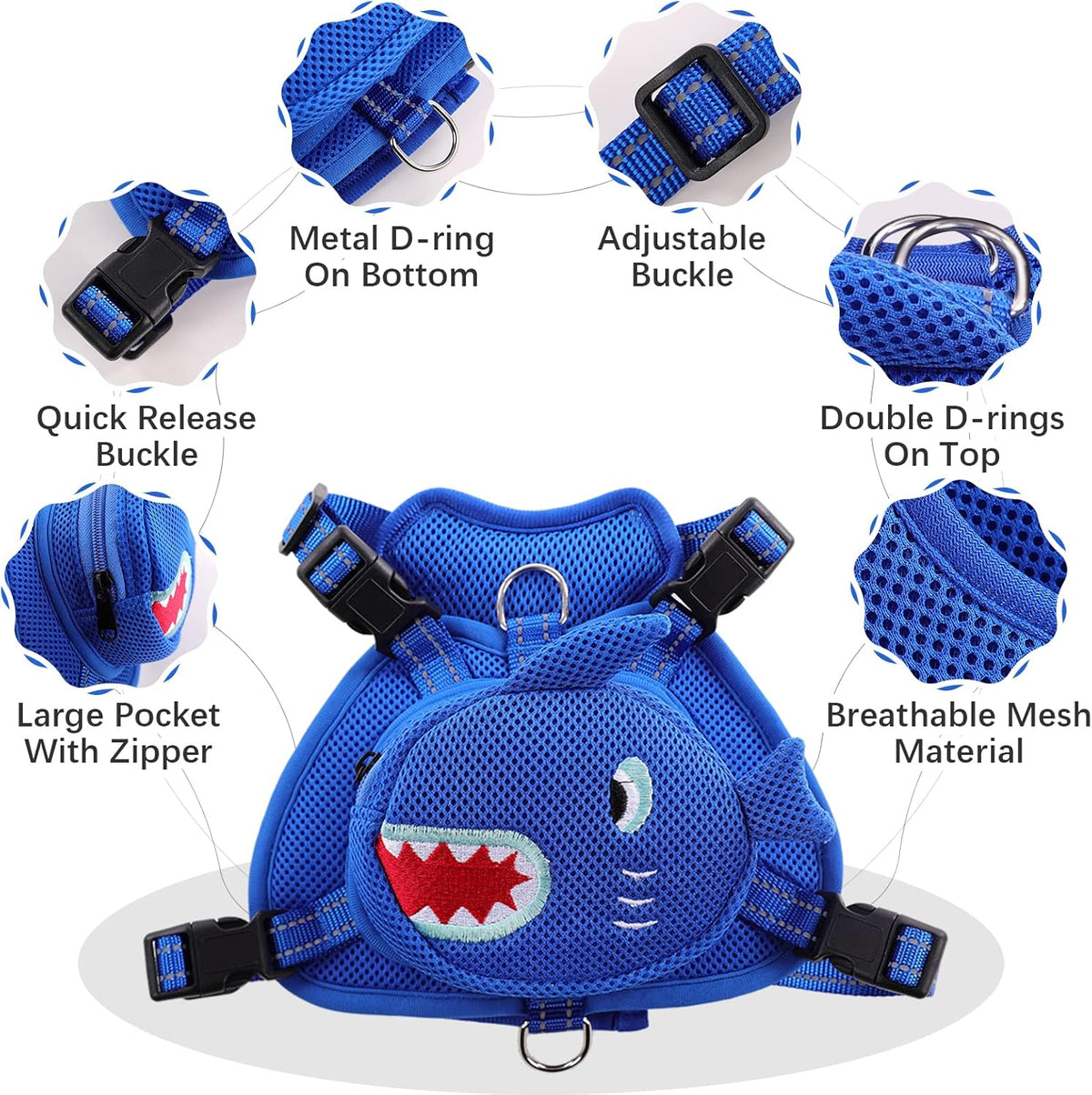 Dog Backpack Harness, No-Pull Dog Backpack with D-Ring, Frog, M - Blue Shark / 5.3"L x 4.3"W x 2.2"H - image 3